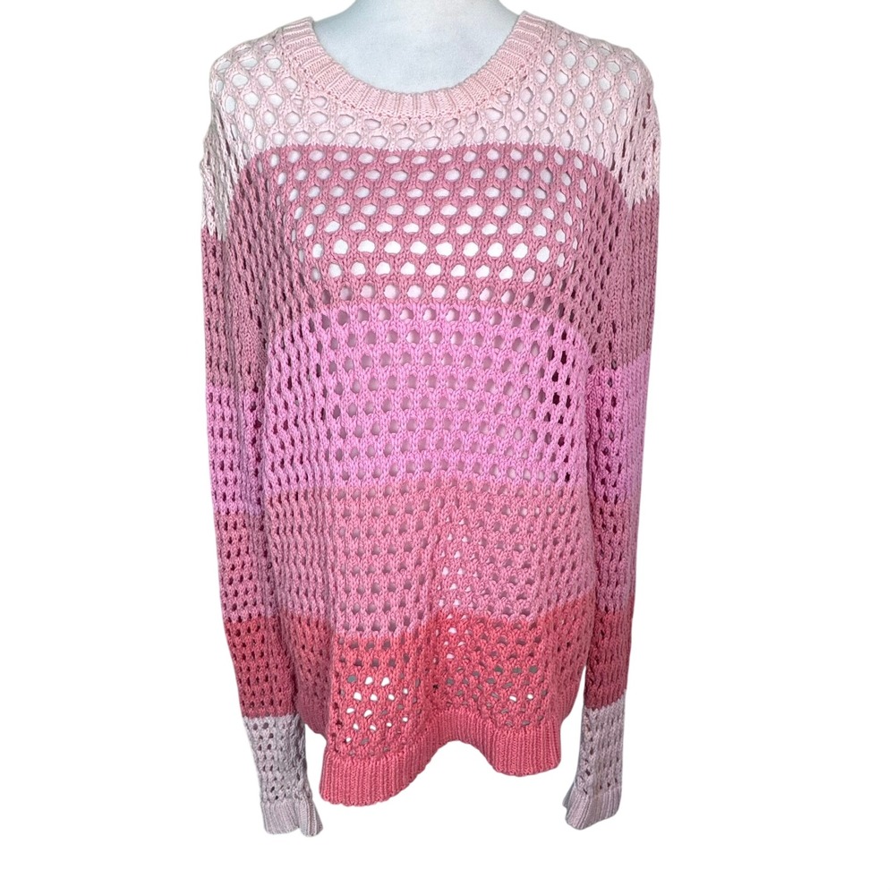 LEYDEN Women's XL Pink Ombre Open Knit Crochet Sweater Long Sleeve Crewneck